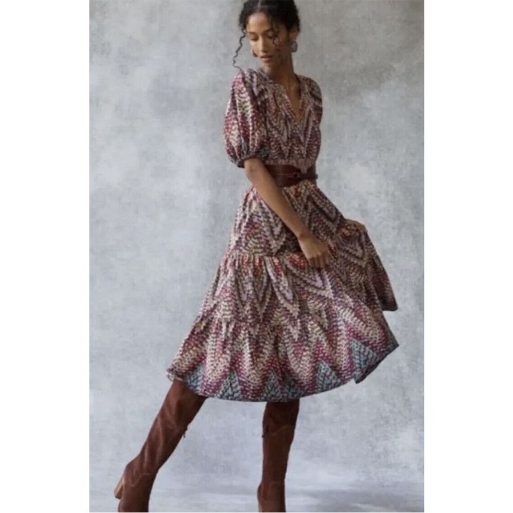 ANTHROPOLOGIE conditions apply printed puff-sleeved midi dress pink size 2 US